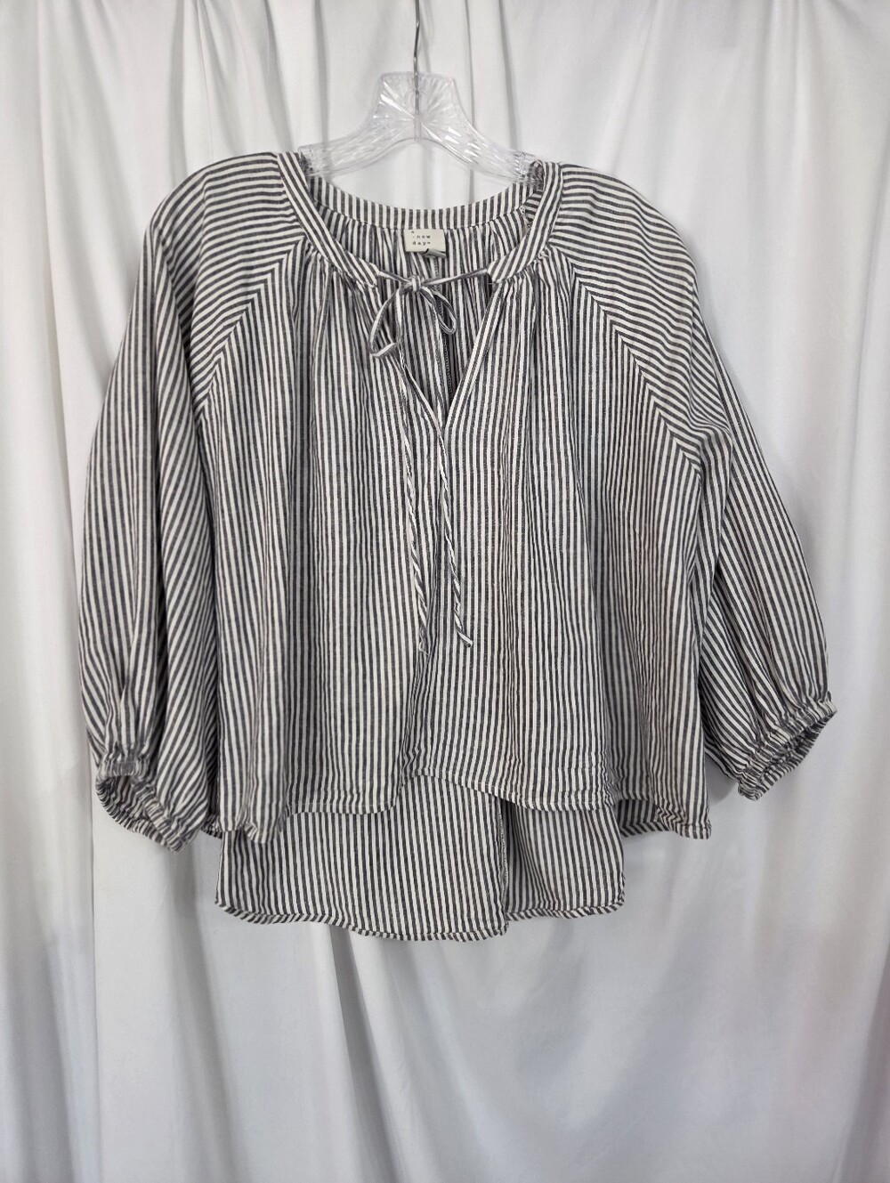 a new day Gray & White Striped Peasant Blouse Linen Blend Size S